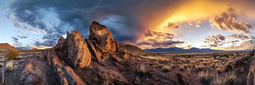 Naklejka premium Majestic Sunset Over Rocky Terrain with Dramatic Clouds Illuminating the Sky in a Breathtaking Desert Landscape