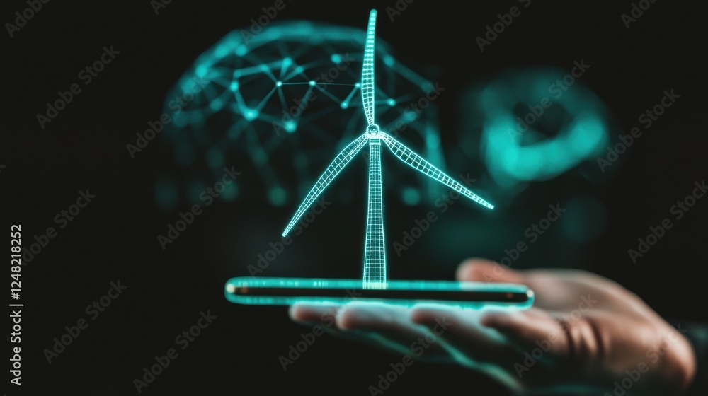 Obraz premium Futuristic Hand Holding a 3D Model of a Wind Turbine with Technology and Sustainability Concepts in Background