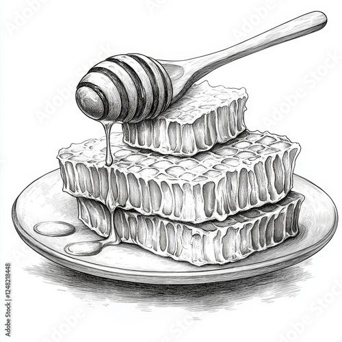 Honeycomb Delight Sketch Art Still Life with Honey Dipper and Golden Drizzle on a Plate