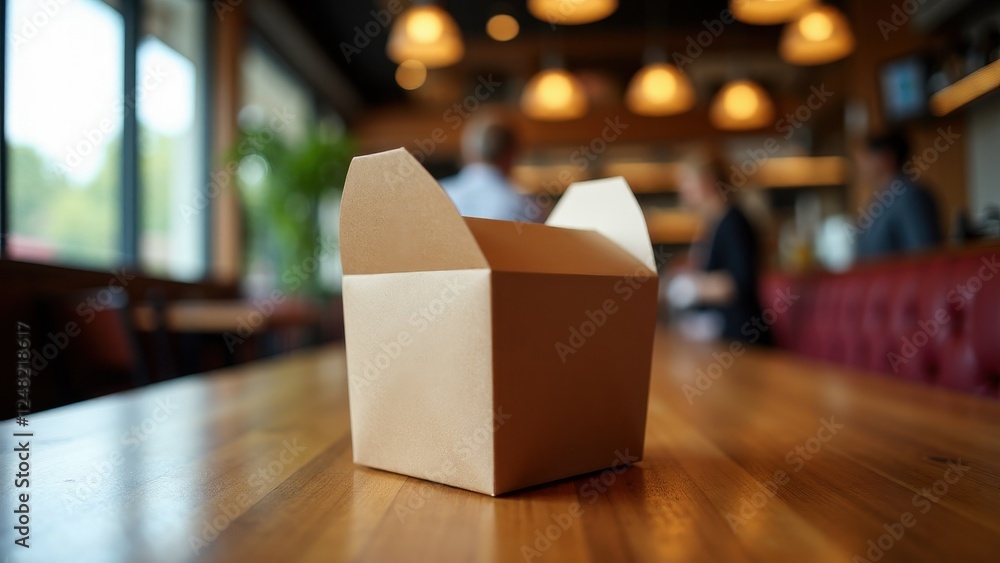 Food packaging mockup on a wooden table in a cozy restaurant setting.