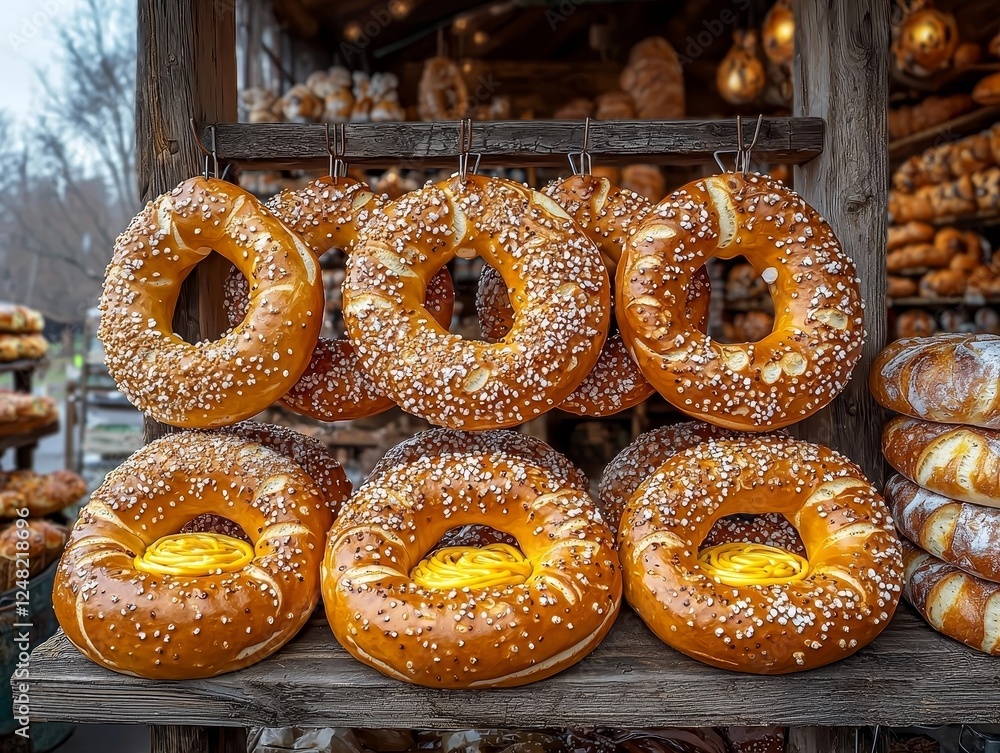 Artisanal Pretzels and Savory Dips in a Cozy Bakery Display Artisanal Pretzels and Savory Dips in a Cozy Bakery Display