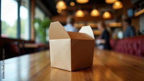 Obraz na płótnie Food packaging mockup on a wooden table in a cozy restaurant setting. w salonie