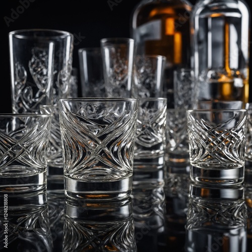 An artistic composition of vodka glasses arranged in a visually pleasing spiral pattern on a reflective surface.