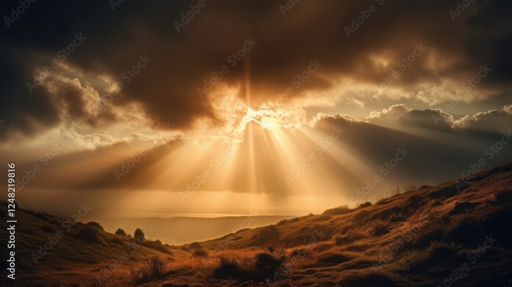 Hopeful Sunlight Breakthrough: Golden Rays Through Clouds, Warm Glow. Renewal Symbol, Perfect for Overcoming Struggles and Inner Strength Themes Hopeful Sunlight Breakthrough: Golden Rays Through Clouds, Warm Glow. Renewal Symbol, Perfect for Overcoming Struggles and Inner Strength Themes
