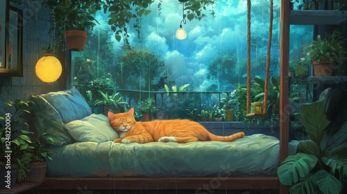 Orange Cat Napping on Cozy Bed Amidst Rainy Balcony Plants Serene Indoor Relaxation