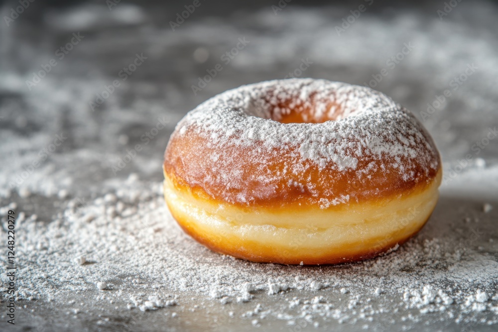Powdery sugar sprinkled glazed donut sitting on gray surface Powdery sugar sprinkled glazed donut sitting on gray surface