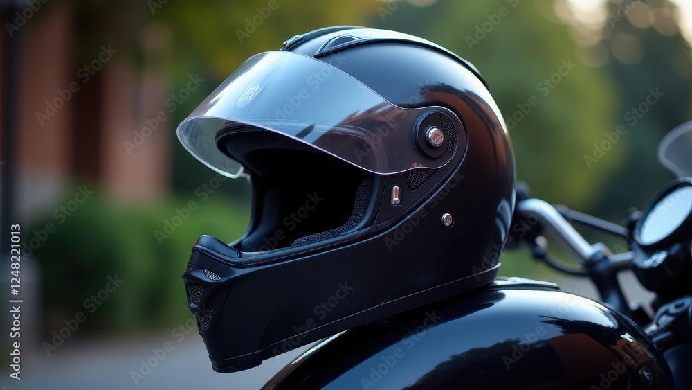 A sleek black helmet mockup with a clear visor, placed on a motorcycle, showcasing its modern design and functionality. A sleek black helmet mockup with a clear visor, placed on a motorcycle, showcasing its modern design and functionality.