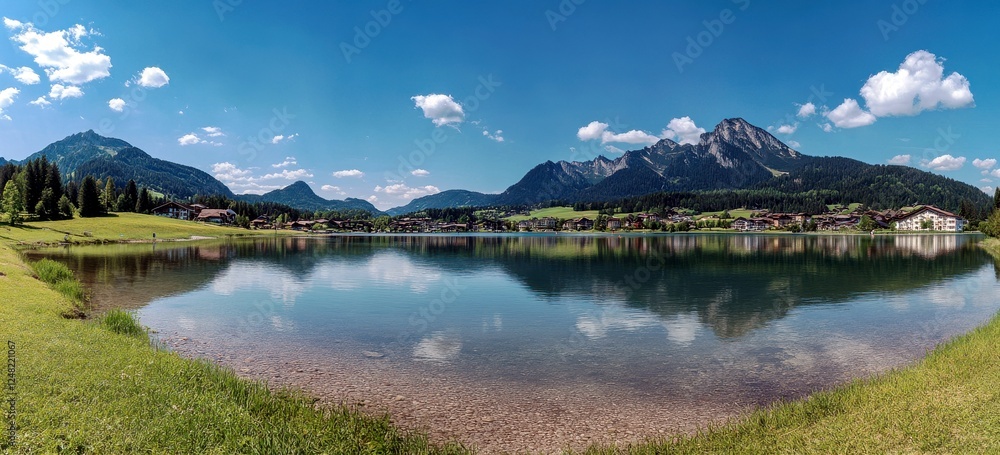 Obraz premium Serene Mountain Landscape with Clear Reflections and Blue Sky over Tranquil Lake Surrounded by Lush Green Hills and Scenic Alpine View