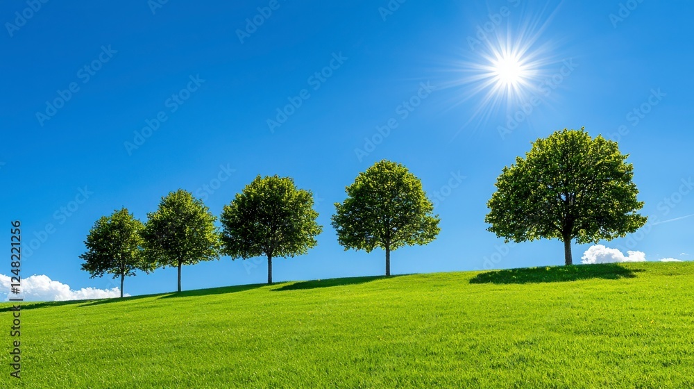 Obraz premium Row of Lush Green Trees on Grassy Hill Under Bright Blue Sky