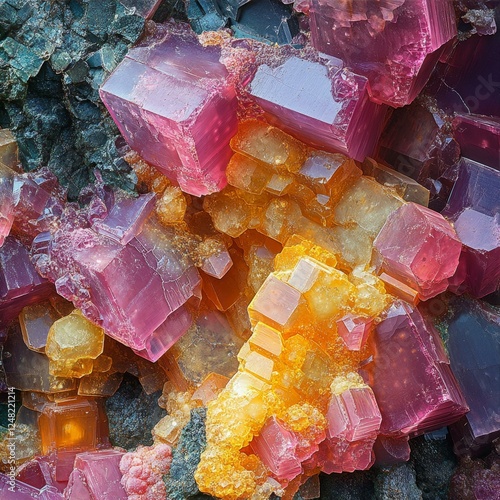 Stunning Arrangement of Pink Rhodochrosite Crystals with Yellow Inesite Mineral Accents Displaying Beauty photo