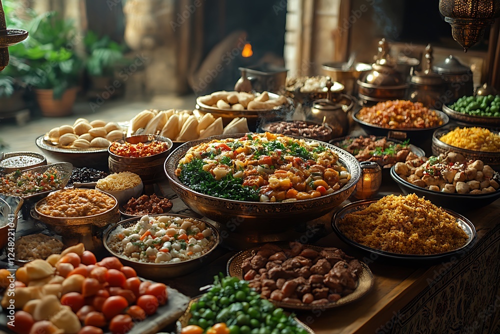 Obraz premium Lavish Spread of Diverse Dishes in a Rustic Setting with Vibrant Salads Breads and Sweets
