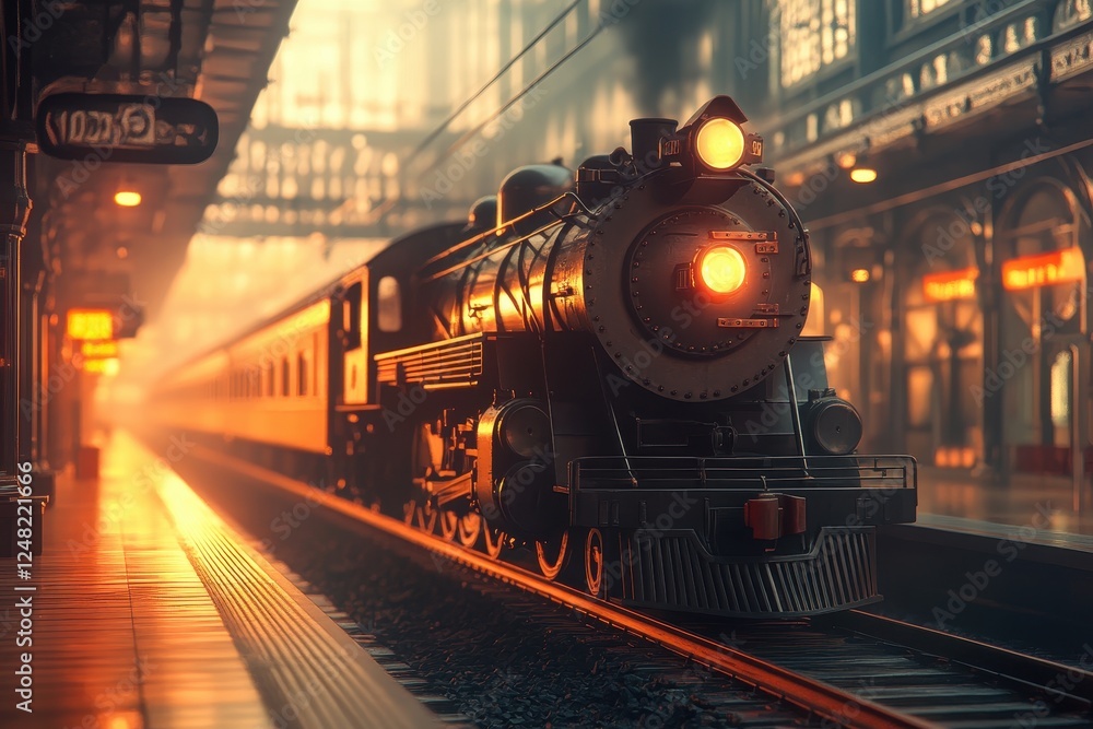 Obraz premium Vintage steam locomotive departs from an ornate train station during a golden hour sunset, creating a nostalgic atmosphere