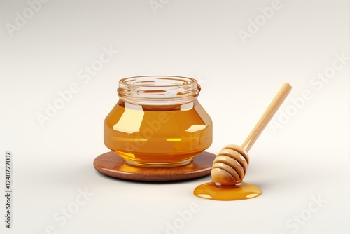 Transparent Jar Filled With Golden Honey and Wooden Dipper Displayed on Clean White Background photo