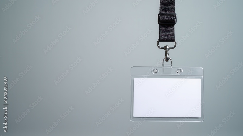 Blank lanyard mockup with a black strap and clear plastic holder against a plain background.