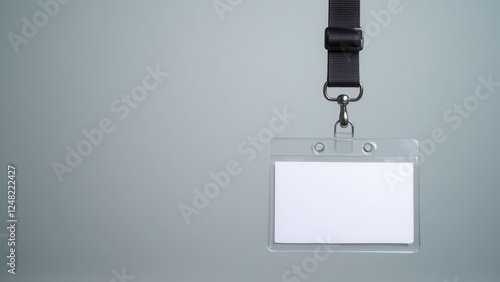 Obraz na płótnie Blank lanyard mockup with a black strap and clear plastic holder against a plain background. w salonie