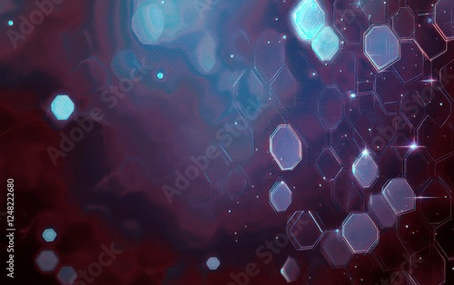 Abstract futuristic background with glowing hexagons and particles in soft blue and red hues, ideal for technology and modern design concepts.
