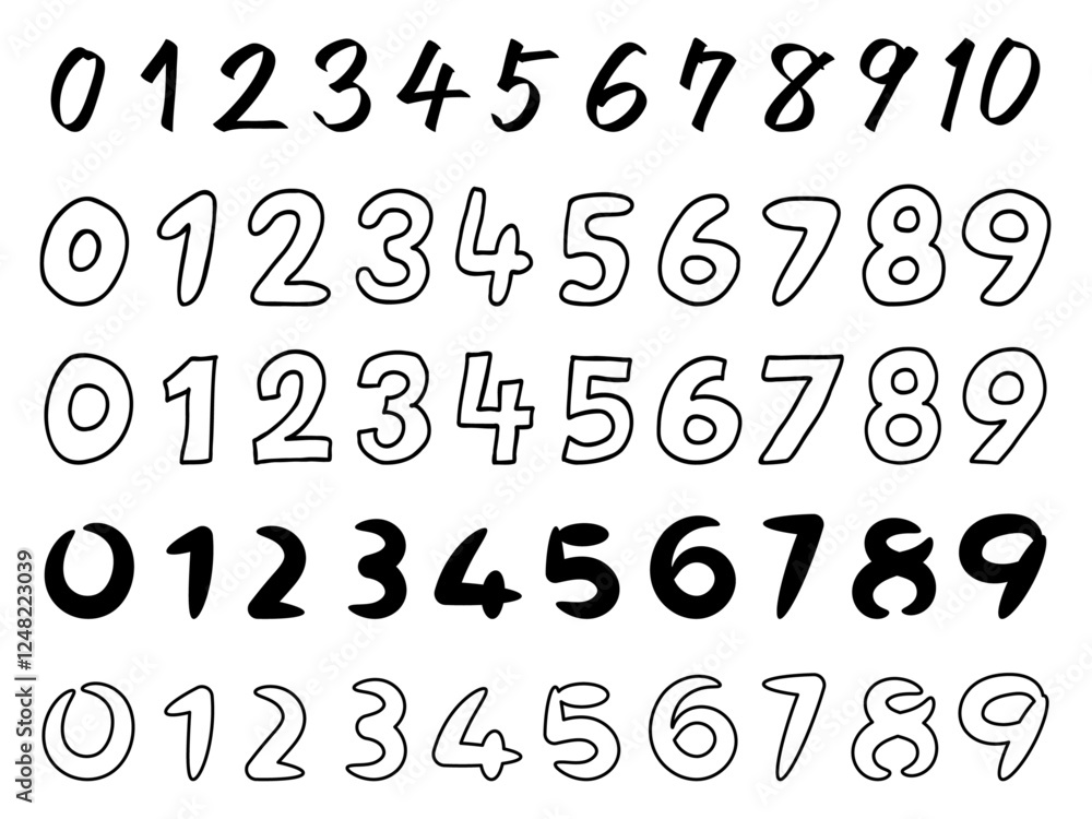 Hand-drawn number font set. Cute and natural black-and-white design. Hand-drawn number font set. Cute and natural black-and-white design.
