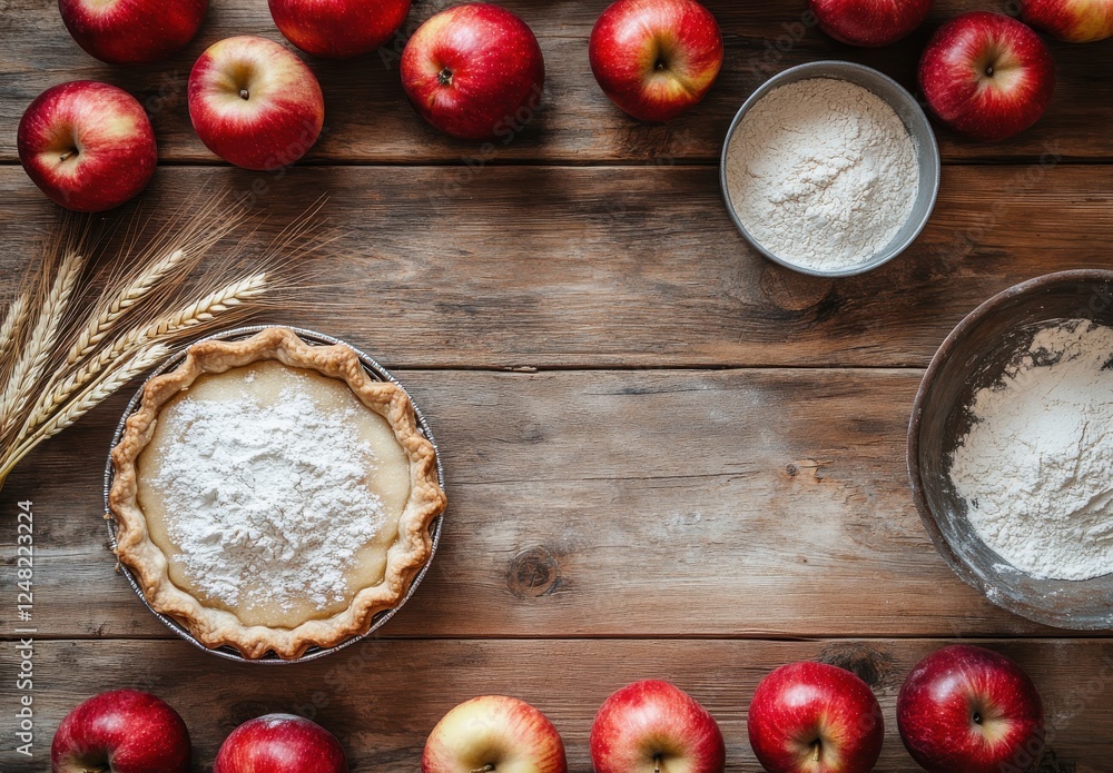 Freshly Baked Apple Pie Surrounded by Red Apples and Flour on Wooden Table in Rustic Kitchen Setting for Autumn Recipes and Home Baking Inspiration Freshly Baked Apple Pie Surrounded by Red Apples and Flour on Wooden Table in Rustic Kitchen Setting for Autumn Recipes and Home Baking Inspiration