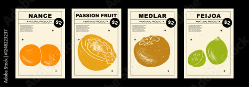 Nance, passion fruit, medlar, feijoa. Set of posters of fruits in a abstract draw design. Label or poster, price tag. Simple, flat design. Patterns and backgrounds. Perfect for poster, cover, banner.