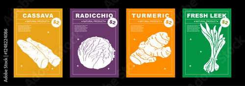 Cassava, radicchio, turmeric, fresh leek. Set of posters of vegetables in a abstract draw design. Label or poster, price tag. Patterns and backgrounds. Perfect for poster, cover, banner.