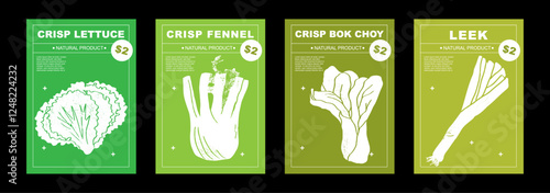 Crisp lettuce, fennel, bok choy, leek. Set of posters of vegetables in a abstract draw design. Label or poster, price tag. Patterns and backgrounds. Perfect for poster, cover, banner.