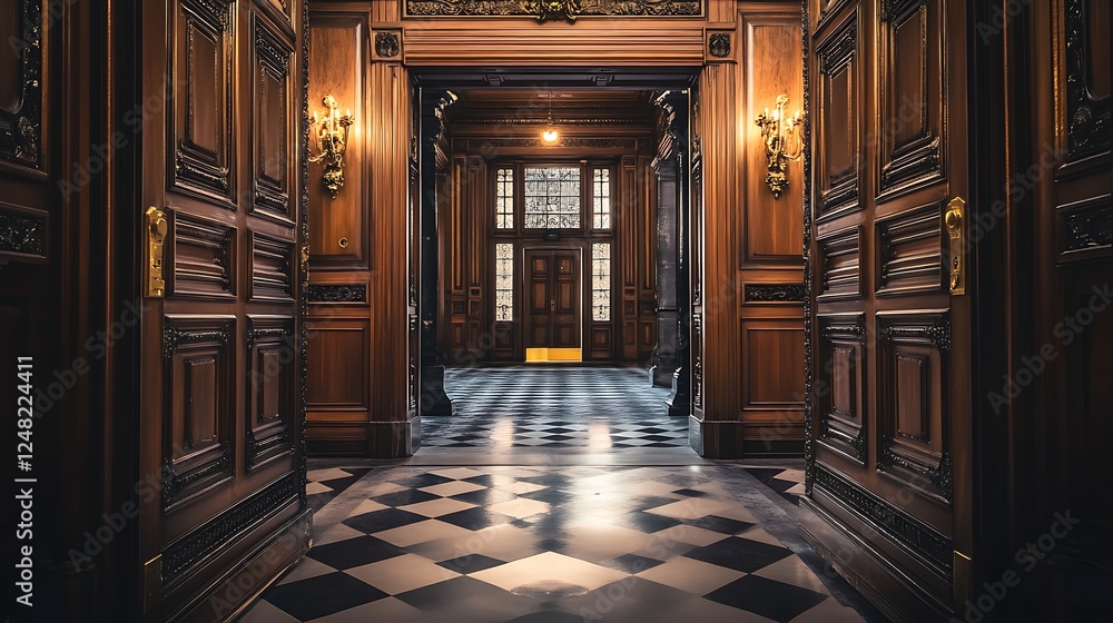 Elegant Wooden Hallway Interior Design With Checkered Floor Elegant Wooden Hallway Interior Design With Checkered Floor
