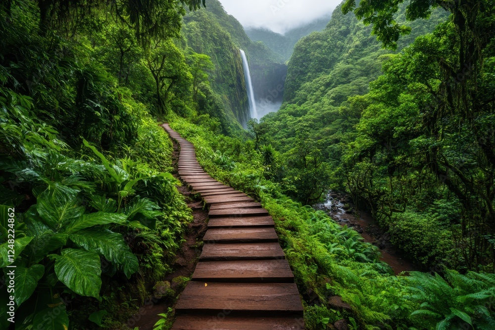 Lush green pathway leads to majestic waterfall in a serene rainforest setting during misty morning light Lush green pathway leads to majestic waterfall in a serene rainforest setting during misty morning light