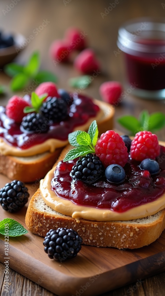 Delicious Toast with Berries, Jelly, and Peanut Butter on Rustic Bread Delicious Toast with Berries, Jelly, and Peanut Butter on Rustic Bread