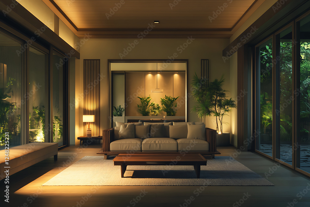 Fototapeta premium A modern smart home interior with ultra-modern gadgets and devices, minimalist design, and technological automation.