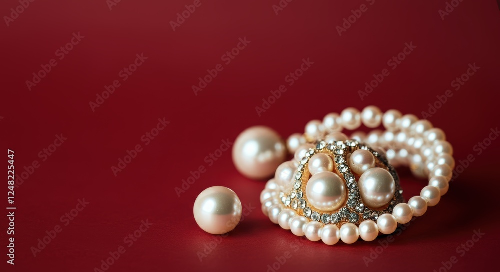 Elegant pearl necklace and brooch on luxurious red background Elegant pearl necklace and brooch on luxurious red background