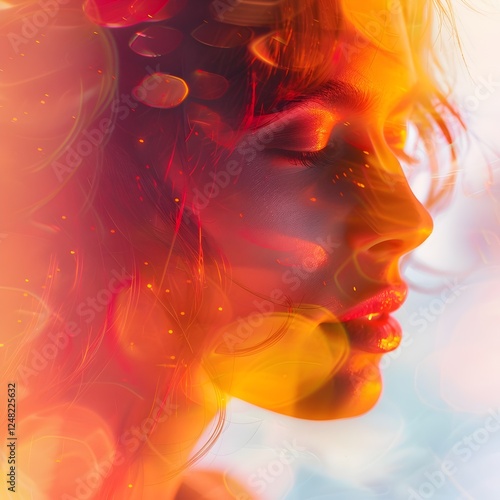 A woman's face is shown in a blurry orange and red background