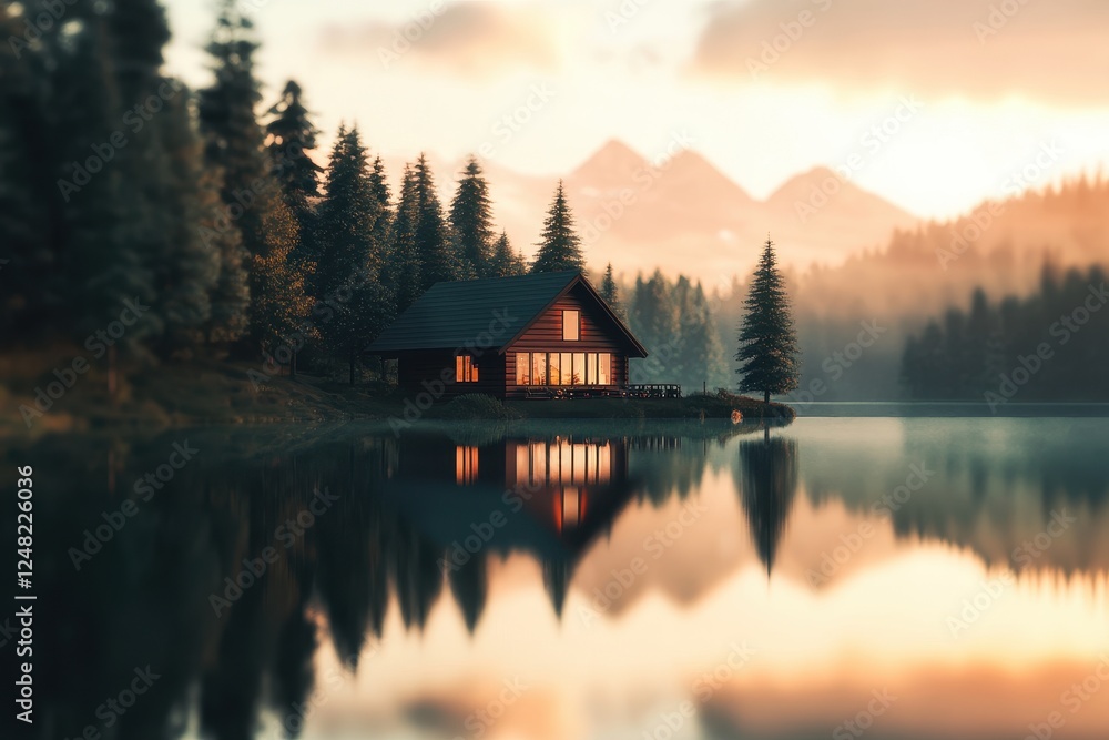 Fototapeta premium Serenity envelops a lakeside cabin at dawn with mountains reflected in still waters