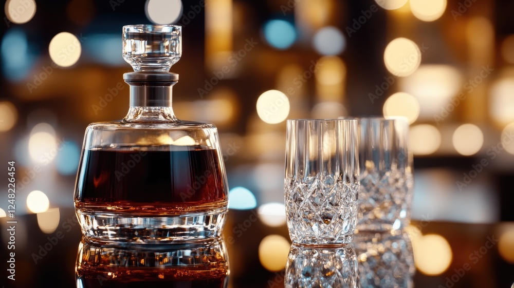 Elegant decanter with whiskey and two crystal glasses, bokeh background Elegant decanter with whiskey and two crystal glasses, bokeh background