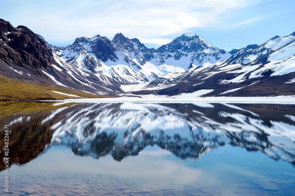 custom made wallpaper toronto digitalMajestic Snow-Capped Mountains Reflected in Crystal Clear Lake Surrounded by Lush Green Valley and Blue Sky with Clouds in Scenic Wilderness