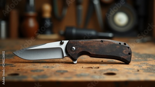 A pocket knife mockup with a wooden handle and a stainless steel blade, placed on a workbench.