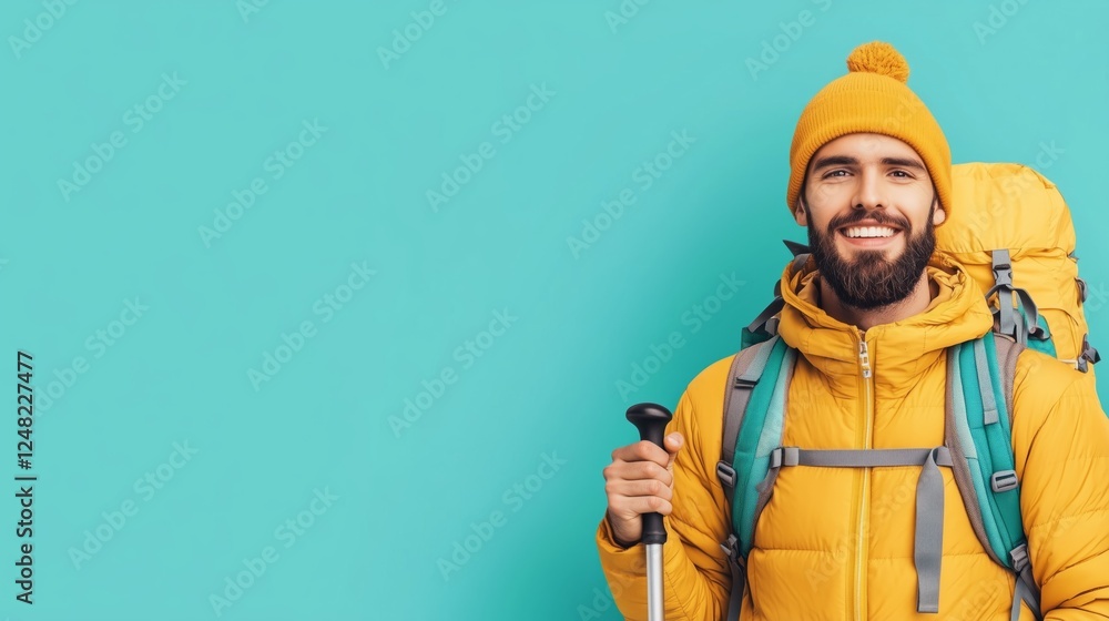 Adventurous hiker smiling against a bright background outdoor portrait Adventurous hiker smiling against a bright background outdoor portrait