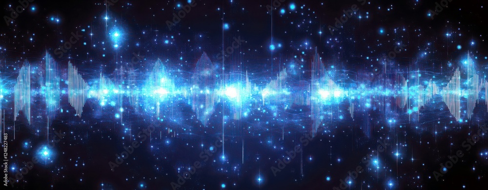 Abstract Sound Wave Visualization with Blue Light Against a Cosmic Background Featuring Stars and Glowing Elements for Digital Art and Technology Use Abstract Sound Wave Visualization with Blue Light Against a Cosmic Background Featuring Stars and Glowing Elements for Digital Art and Technology Use