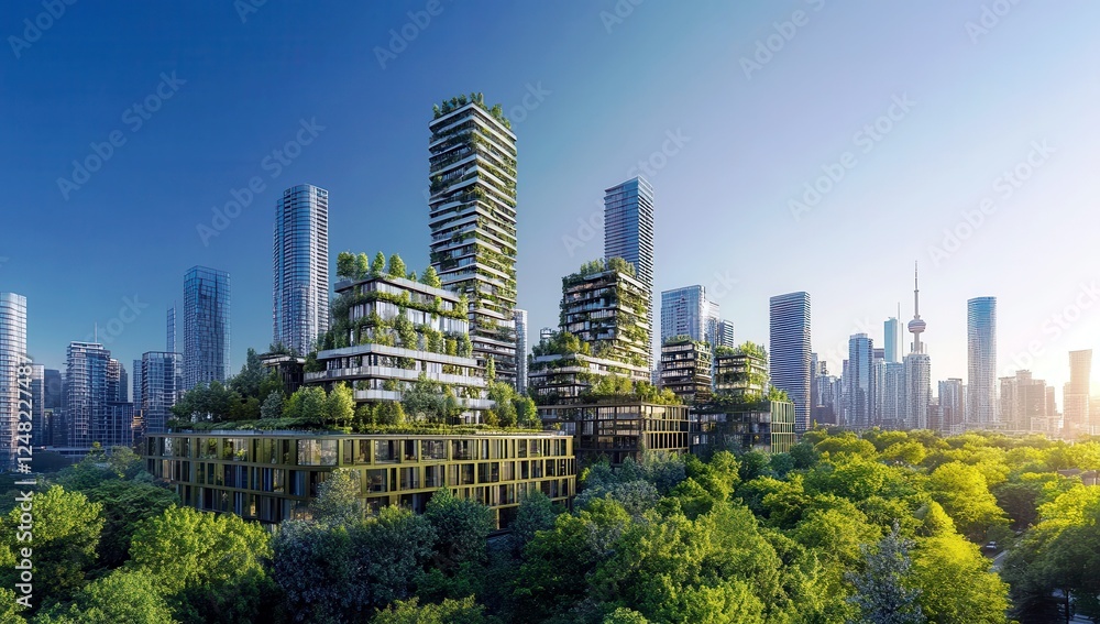 Fototapeta premium Modern Urban Eco Architecture with Green Spaces and Skyscrapers in a City Landscape Surrounded by Lush Vegetation and Clear Blue Sky