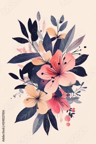 A modern floral illustration in pastel colors with symmetrical placement on a solid background.