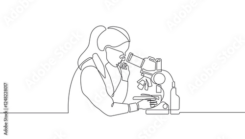 Woman Scientist Continuous One Line Drawing. Woman with Microscope One Line Vector Illustration. Minimal Trendy Contemporary Design for Science Social Media, Posters, Invitations, Branding Design