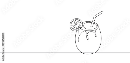 Coconut Cocktail Hand Drawn Vector One Line Drawing. Coconut Simple Outline Style. Sweet Drink Symbol of Summer Vector Continuous One Line Drawing Black Isolated on White Background.