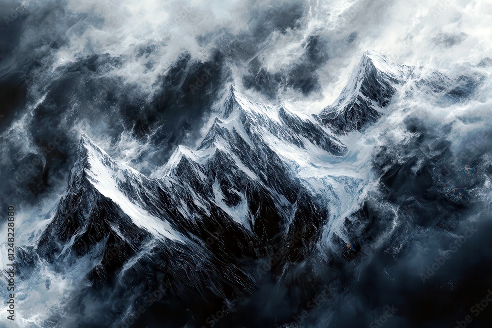 Majestic Snow-Capped Mountain Peaks Shrouded in Mysterious Dark Clouds and Atmospheric Fog Beneath a Dramatic Sky at Dusk or Dawn Majestic Snow-Capped Mountain Peaks Shrouded in Mysterious Dark Clouds and Atmospheric Fog Beneath a Dramatic Sky at Dusk or Dawn