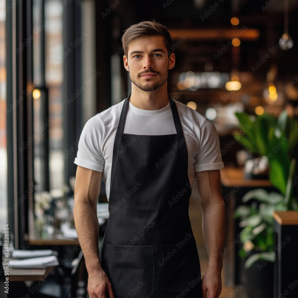 man wearing black apron stands confidently in modern restaurant, showcasing welcoming atmosphere. His casual attire complements elegant decor around him man wearing black apron stands confidently in modern restaurant, showcasing welcoming atmosphere. His casual attire complements elegant decor around him