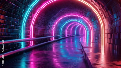 3D render of a futuristic tunnel with vibrant neon lights, creating a mesmerizing pathway of colors