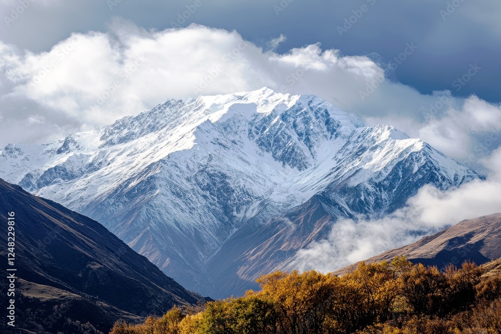 Majestic Snow-Capped Mountain Range Surrounded by Cloudy Sky and Autumn-Foliage Landscape in Scenic Nature Setting Majestic Snow-Capped Mountain Range Surrounded by Cloudy Sky and Autumn-Foliage Landscape in Scenic Nature Setting