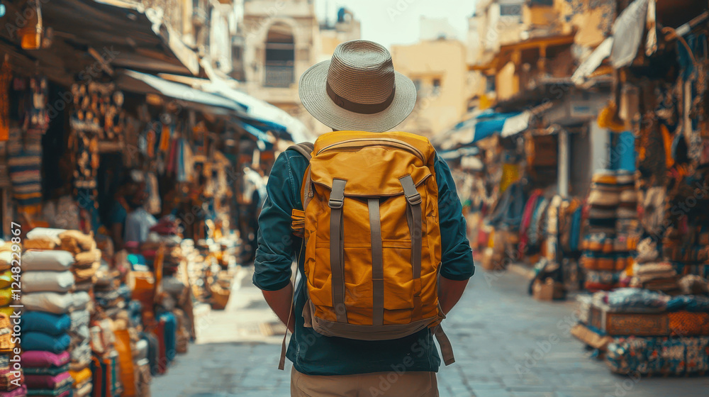 Fototapeta premium traveler with yellow backpack exploring vibrant market street filled with colorful textiles and goods