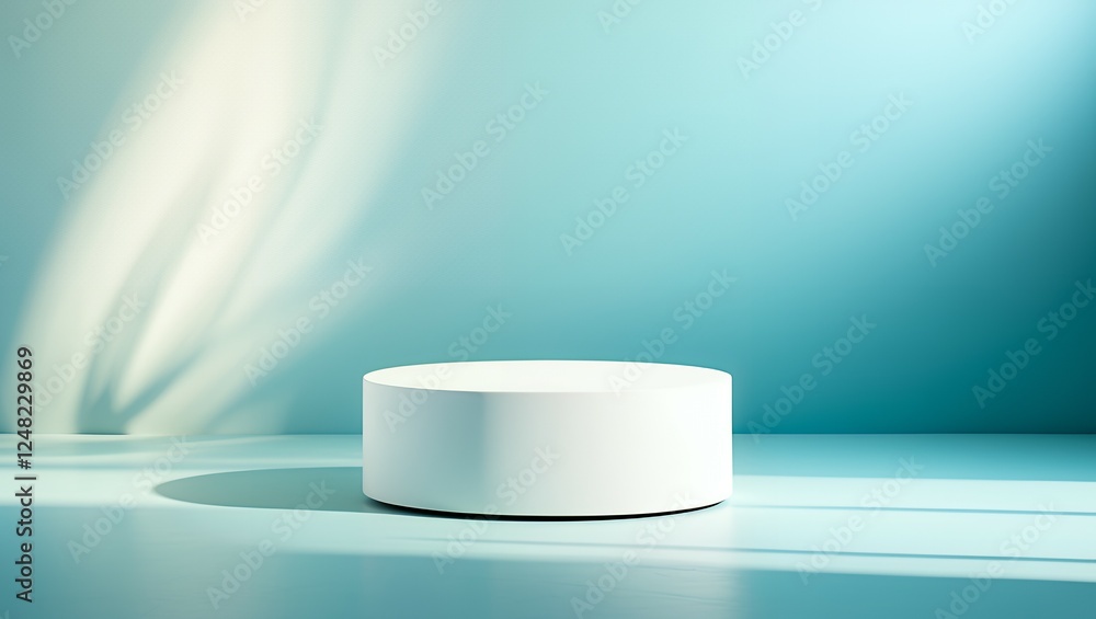 Abstract empty white podium with geometric shadows on blue background. Mock up stand for product presentation. Minimal concept Abstract empty white podium with geometric shadows on blue background. Mock up stand for product presentation. Minimal concept