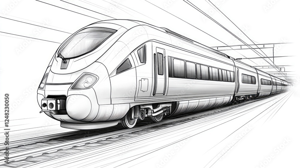 Naklejka premium High-speed train in motion, showcasing sleek design, traveling through a tunnel with dynamic lines