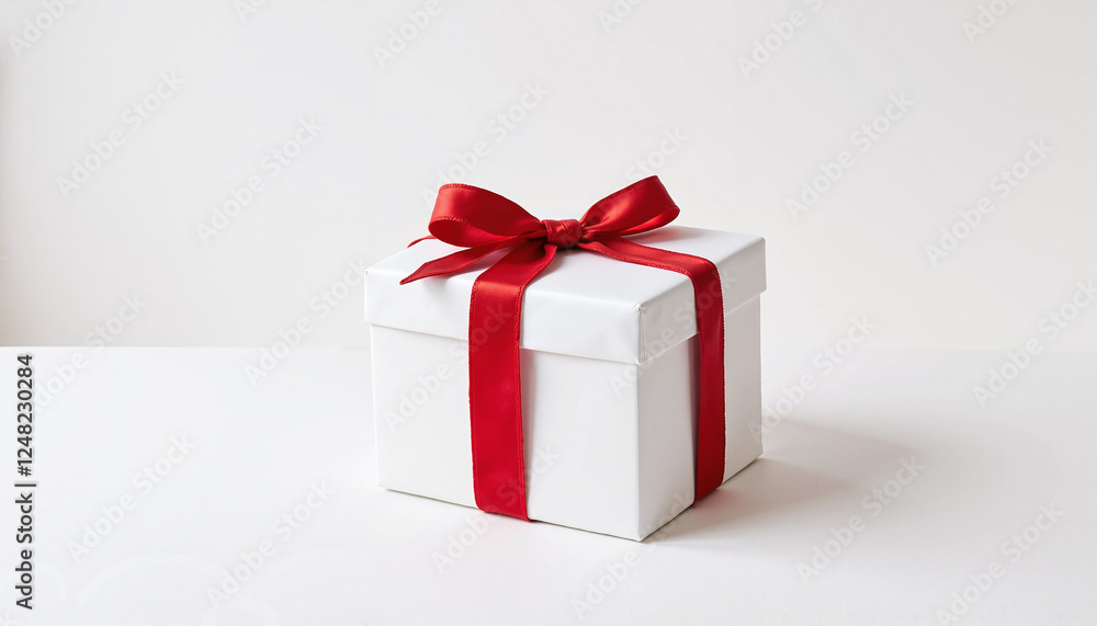 Obraz premium Elegant white gift box with a red ribbon perfect for Valentine's Day celebrations, copy space