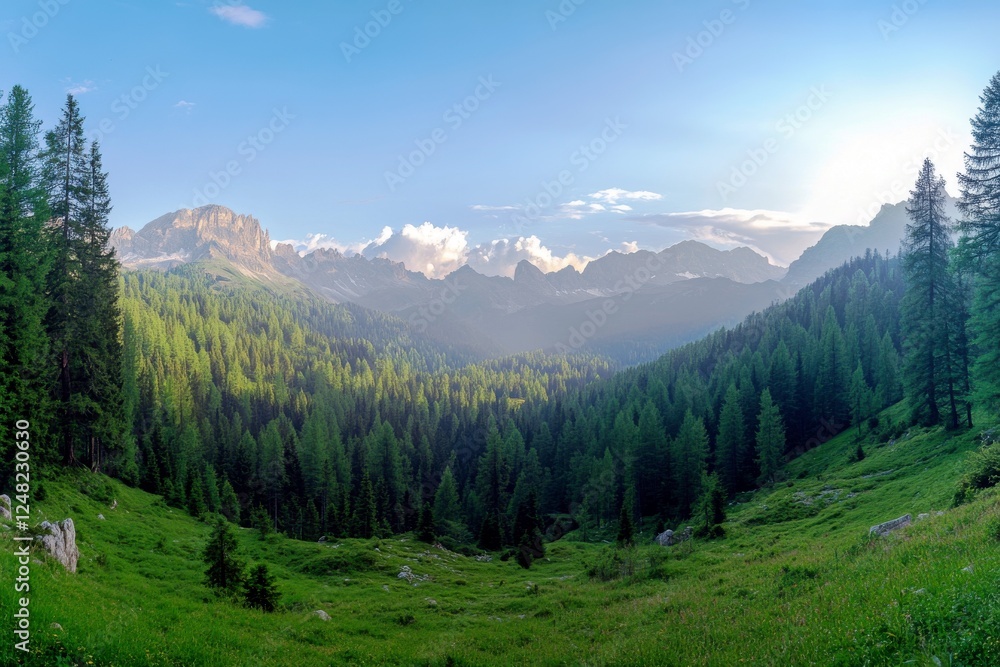 Breathtaking Panoramic View of Majestic Mountains Surrounded by Lush Green Forests and Vibrant Blue Sky in the Dolomite Region of Northern Italy Breathtaking Panoramic View of Majestic Mountains Surrounded by Lush Green Forests and Vibrant Blue Sky in the Dolomite Region of Northern Italy